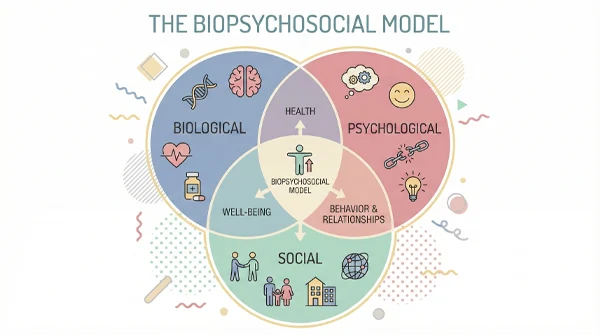 Biyopsikososyal model şeması: Biyolojik, psikolojik ve sosyal faktörlerin ruh sağlığı üzerindeki etkileşimi ve kesişim noktaları.